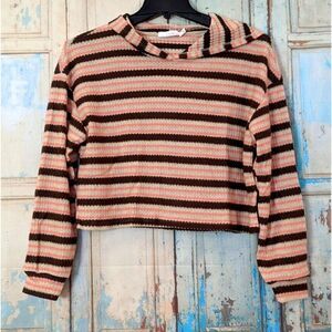 Lush Womens Size M Coral Brown Waffle Knit Hooded Long Sleeve Pullover Sweater